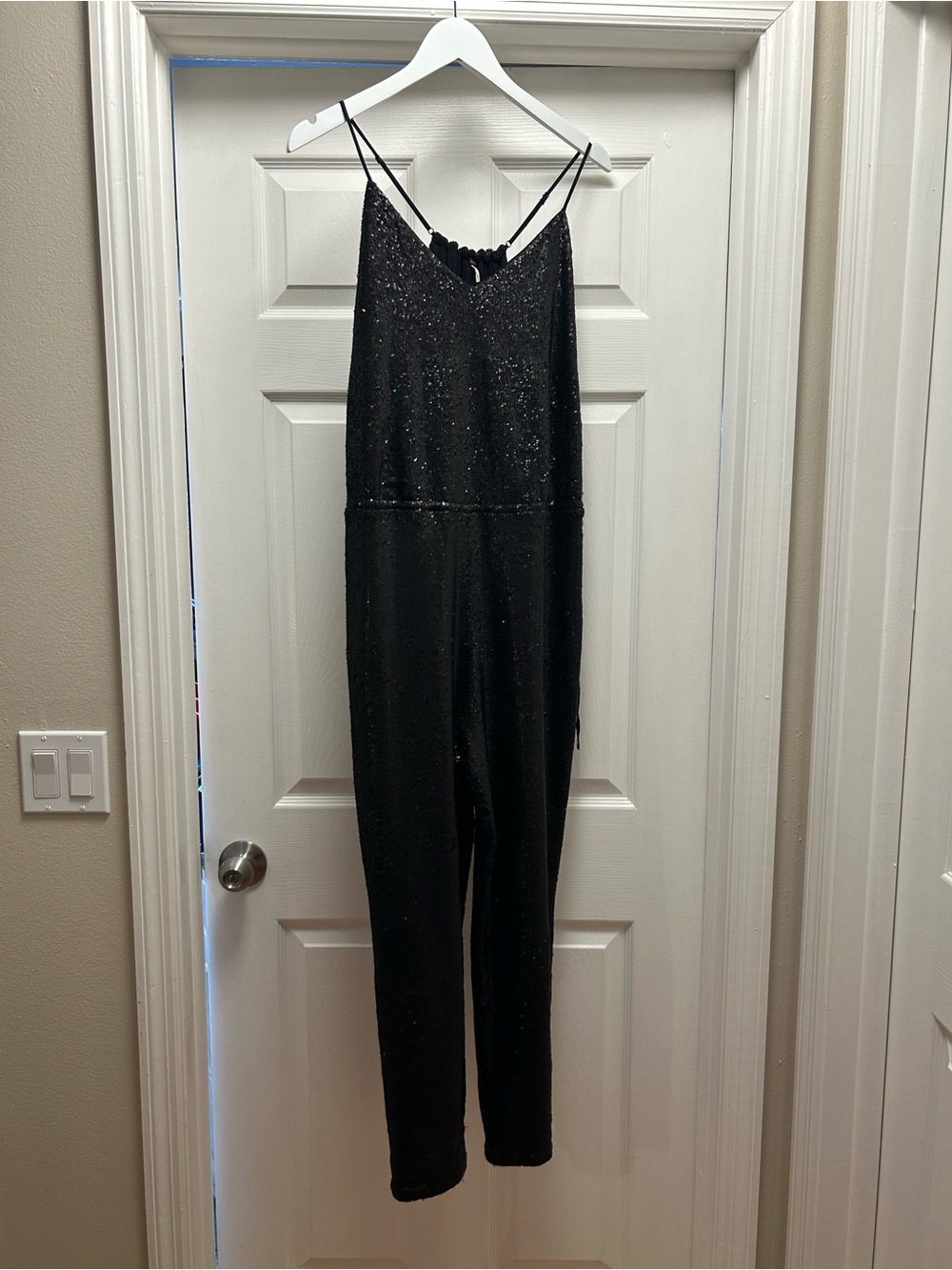 Free People M Black Sequin Spaghetti-Strap Lined Jumpsuit Wide Leg NYE Sparkle